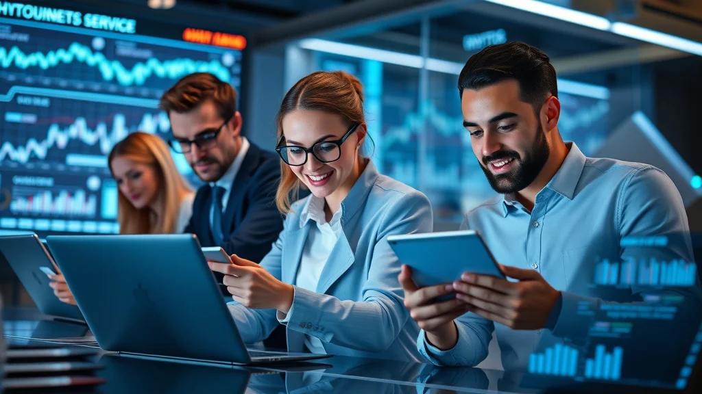 Futuristic crypto trading team analysing digital asset charts and blockchain analytics in a high-tech office — cryptocurrency software solutions and apps