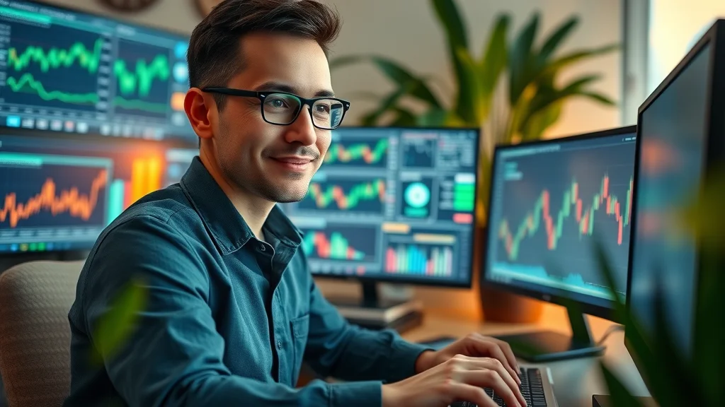 Modern crypto trader monitoring cryptocurrency exchange charts and managing digital assets at home — cryptocurrency software solutions and apps